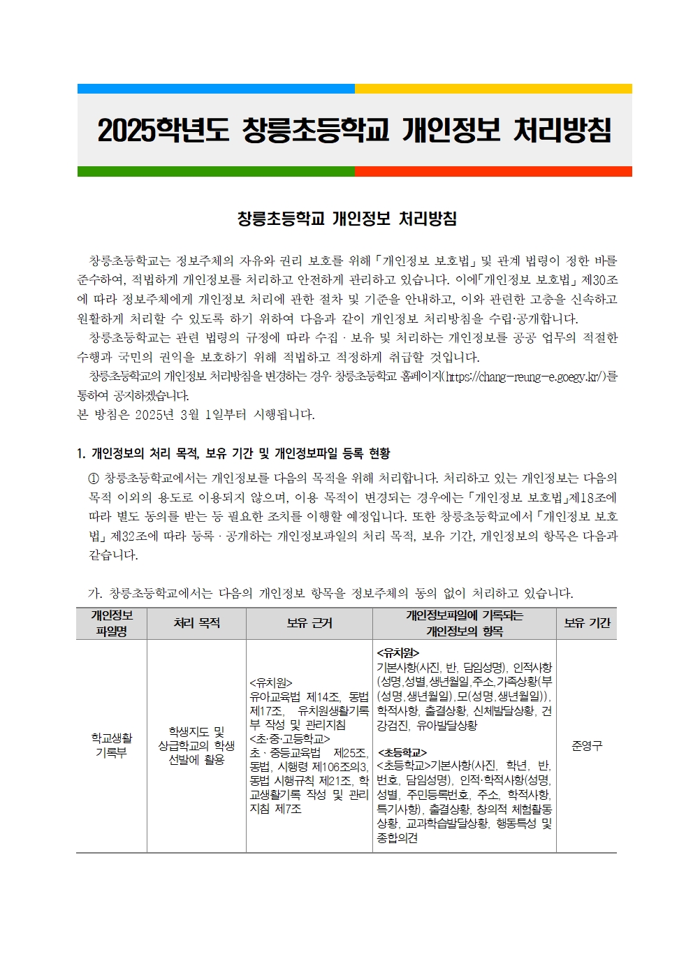 2025_창릉초 개인정보 처리방침 개정001